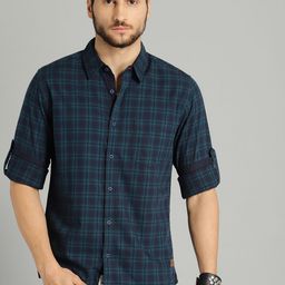 Roadster Men Teal Blue & Navy Blue Checked Pure Cotton Casual Sustainable Shirt-image-45