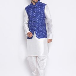 Hangup Men White & Blue Self Design Kurta with Pyjamas-picture-11