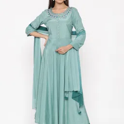 Jaipur Kurti Women Sea Green Embroidered Kurta with Churidar & Dupatta-16