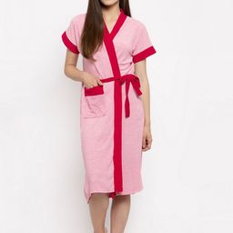 ELEVANTO Women Pink & Red Colourblocked Bath Robe-image-96