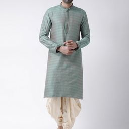 KISAH Men Green & Cream-Coloured Embroidered Kurta with Dhoti Pants-11
