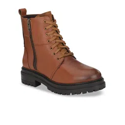 Delize Women Tan Brown Solid Leather High-Top Flat Boots-15