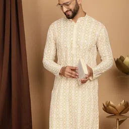 SOJANYA Men Beige Thread Work Kurta-image-78