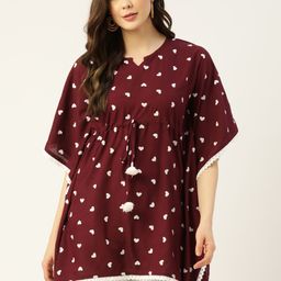 FERANOID Maroon & Off White Cotton Printed Kaftan Tunic-image-87