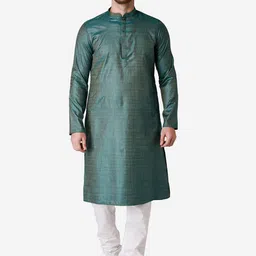 TABARD Men Green Woven Design Mandarin Collar Jacquard Kurta-image-60
