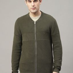 LINDBERGH Men Olive Green Self Design Cardigan Sweater-picture-24