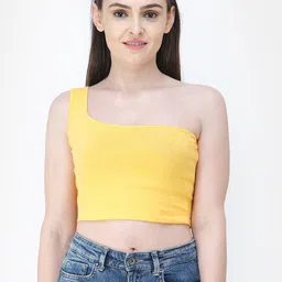 Cation Women Yellow Solid Crop Pure Cotton Top-image-22