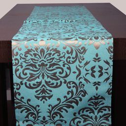 Home Turquoise Blue & Gold-Coloured Woven Damask Table Runner-55