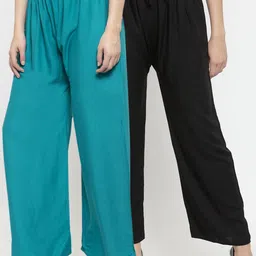 Clora Creation Women Pack Of 2 Turquoise Blue & Black Solid Straight Palazzos-image-9