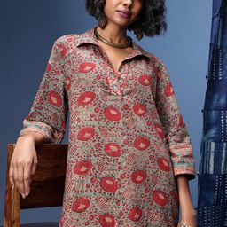 Taavi Floral Printed Shirt Collar Pure Cotton Sanganeri A-Line Ethnic Dresses-image-95