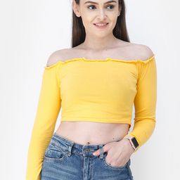 Cation Women Yellow Solid Bardot Pure Cotton Top-image-51