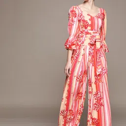 aarke Ritu Kumar Pink & Beige Striped & Floral Print Waist Tie-Ups Co-ord Set-image-52