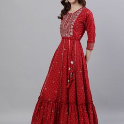 Ishin Women Red Ethnic Motifs Embroidered Tiered Anarkali Kurta-picture-12