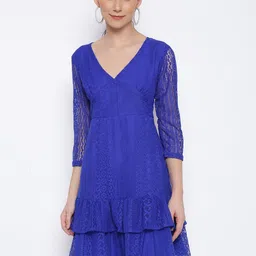 MARC LOUIS Blue Floral Net A-Line Dress-image-21