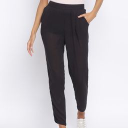 Oxolloxo Women Black Relaxed Regular Fit Semi Sheer Solid Regular Trousers-image-14