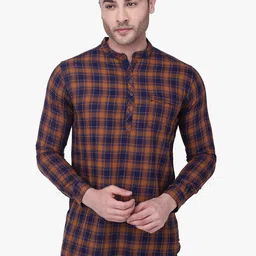 Kuons Avenue Men Mustard Yellow & Blue Checked Straight Kurta-picture-35