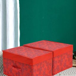 Kuber Industries Set Of 2 Red & Blue Floral Print Foldable Wardrobe Organizer Box With Lid-36