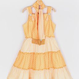 Peppermint Girls Yellow & White Printed Tiered Fit & Flare Dress with Stole-picture-15