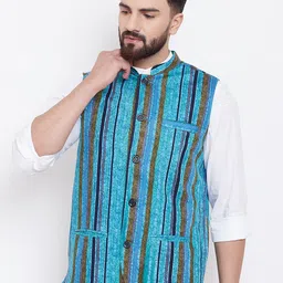 even Men Blue Striped Nehru Jacket-36