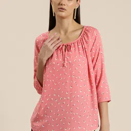 Qurvii Floral Print Tie-Up Neck Crepe Shirt Style Longline Top-image-15
