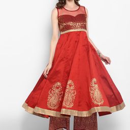 MBE Women Maroon Block Print Woven Design A-Line Kurta-52