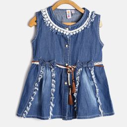 Kids On Board Girls Blue Washed Chambray A-Line Dress with Fringed Detail-92