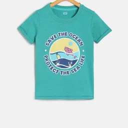MINI KLUB Boys Green Printed Round Neck Pure Cotton T-shirt-image-89
