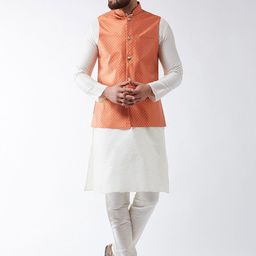 SOJANYA Men Off-White Self Design Kurta Set & Nehru Jacket-picture-17