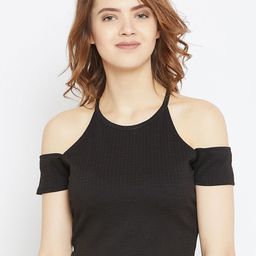 Zastraa Women Black Self Design Fitted Crop Top-image-70