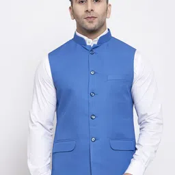 Wintage Men Blue Solid Satin Nehru Jacket-27