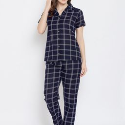 Clovia Women Navy Blue Checked Night suit-picture-41