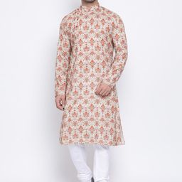 NAMASKAR Men Beige & White Cotton Linen Printed Kurta with Churidar-picture-16