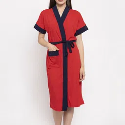 ELEVANTO Women Red & Blue Colourblocked Bath Robe-image-51