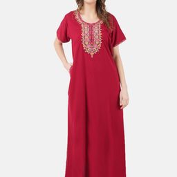 KOI SLEEPWEAR Maroon Embroidered Lissybissy Cotton Maxi Nightdress-image-49