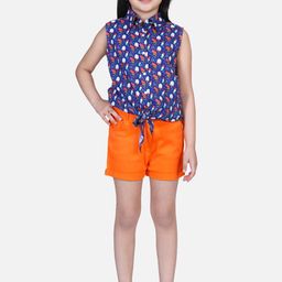 StyleStone Girls Navy Blue & Orange Printed Shirt with Shorts-image-64