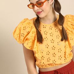 Athena Yellow Schiffli Detail Power Shoulders Crop Top-image-10