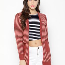 Gipsy Women Magenta & White Striped Woollen Open Front Shrug-11