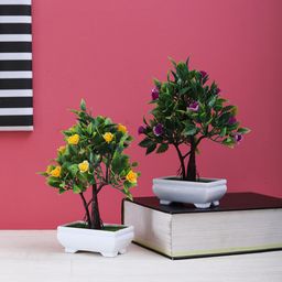 FOLIYAJ Set of 2 Multicoloured Artifical 2-Trunk Bonsai Tree With Pot-40