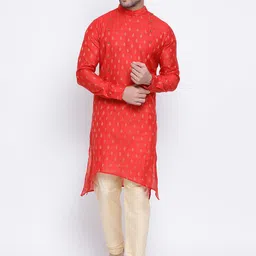 NAMASKAR Men Red & Gold-Toned Self Design Kurta with Pyjamas-39