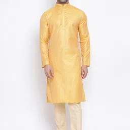 NAMASKAR Men Yellow & Gold Jacquard Self Design Kurta with Churidar-picture-10