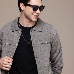 WROGN Shirt Collar Self-Design Front Open Sweater-picture-12
