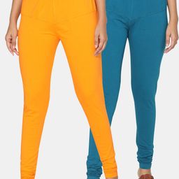 TSG Bliss Women Pack Of 2 Orange & Blue Solid Churidar-Length leggings-image-90