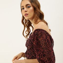 Antheaa Red & Black Animal Print Fitted Crop Top with Smocking Detail-image-1