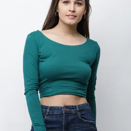 Cation Women Teal Green Solid Pure Cotton Top-image-8