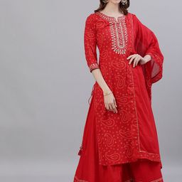 Ishin Women Red & Gold-Toned Embroidered Kurta with Palazzos & Dupatta-picture-1