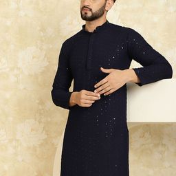SOJANYA Men Navy Blue Embroidered Thread Work Kurta-image-36
