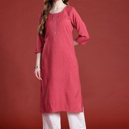 Anouk Thread Work Detail Calf Length Straight Kurta with Mock Buttons-9