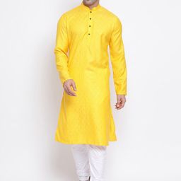 NAMASKAR Men Yellow & White Printed Kurta with Churidar-image-58