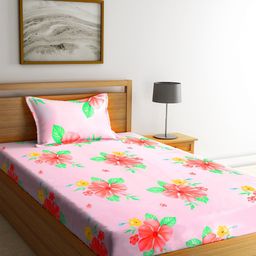 KLOTTHE Pink & Green Floral 210 TC Polycotton 1 Single Bedsheet with 1 Pillow Covers-image-82