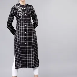 Vishudh Women Black & Off-White Checked Straight Kurta-image-75